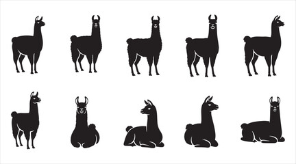 Obraz premium Llama and Alpaca Silhouette Vector Collection: Minimalist South American Camelid Icons, Standing and Sitting Farm Animal Graphics for Logo Design and Andean Travel Branding