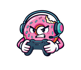Obraz premium Angry Donut Gamer Mascot Logo - Vector Esports Character Holding Controller and Headset for Twitch Streamer, Clan, or Video Game Team Identity, Cartoon Food Character Branding