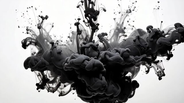 Black ink cloud dissolving in clear water with swirling patterns