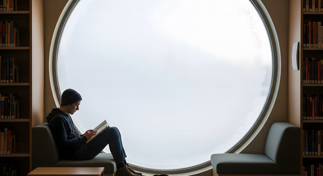 Young student reading a book by a large circular window in a mod