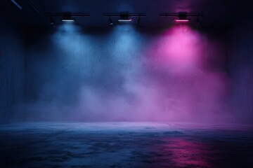 Moody concrete room with pink and blue spotlights illuminating smoke
