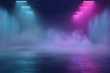 Moody concrete room with pink and blue neon lights illuminating fog