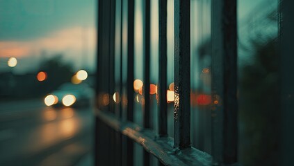 Wet metal fence with blurred car lights on a misty road