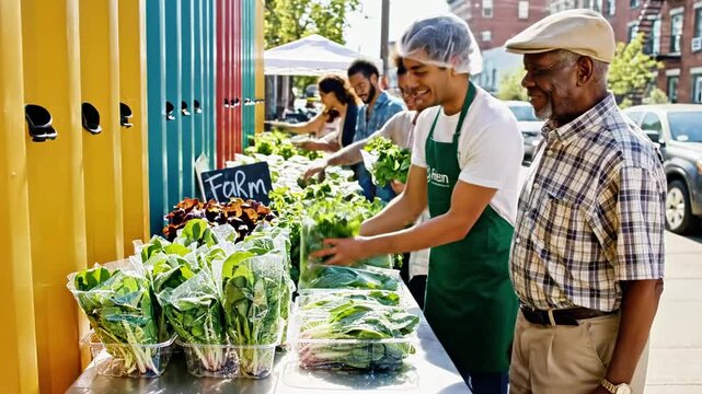 A person wearing a hairnet and apron is harvesting leafy greens in a modern indoor farm with rows of plants on shelves