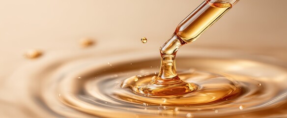 Golden serum drips from a glass pipette into rippling liquid, creating waves