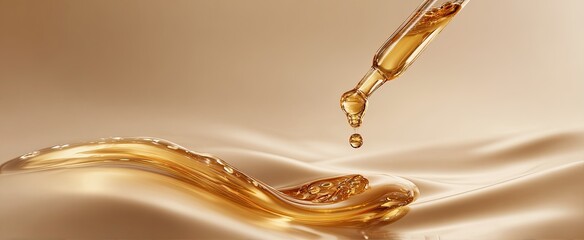 Golden liquid drips from a dropper onto a flowing, smooth surface
