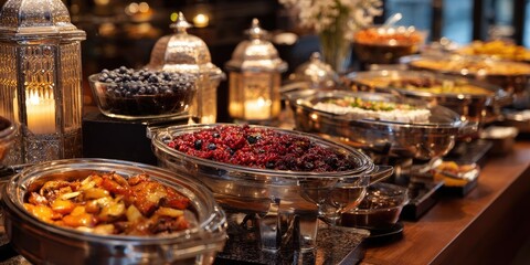 A lavish buffet spread featuring numerous dishes in chafing dishes and bowls, illuminated by ambient light