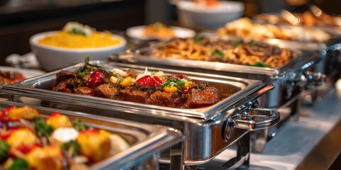 Buffet of hot food dishes in chafing pans, a feast for many
