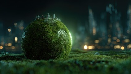 Lush green globe with miniature city, bathed in soft glow, urban backdrop