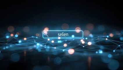 Glowing network nodes surround a digital search bar with "selen" typed
