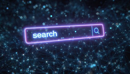 Neon search bar glows on abstract network background with glowing nodes