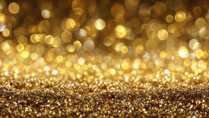 Shimmering golden particles and soft, blurred bokeh lights create a luxurious, festive backdrop