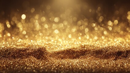 Golden, sparkling particles cascade and glitter with soft, luminous bokeh lights