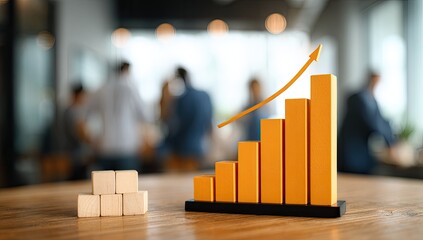 Rising bar graph with arrow indicating upward trend on desk