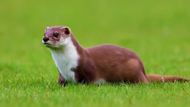 A weasel with brown fur and white chest sits in green grass