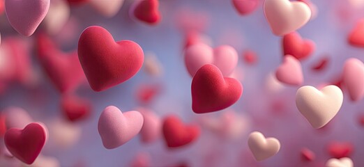 Numerous soft, puffy hearts in shades of red and pink float against a dreamy, blurred background