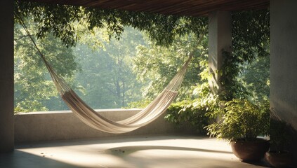 Cozy hammock strung under a sun-dappled veranda amidst lush greenery