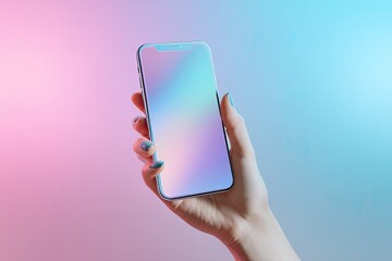 A hand holds a modern smartphone displaying a holographic screen against a gradient pink and blue backdrop