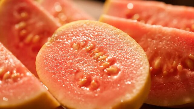 Close up of fresh cut guava fruit slices red pulp healthy food concept