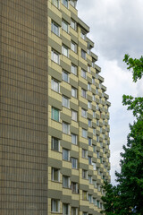 Modernist Residential Apartment Block in Siemensstadt Berlin with Serrated Zig Zag Facade and Yellow Tiled Panels Urban Social Housing Architecture