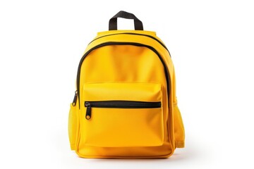 Fabric bright school bus yellow color backpack bag white background handbag.