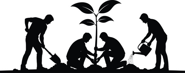 Team planting tree together cooperation environment growth flat design vector illustration