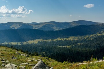 Mountain landscape. Beautiful view of the mountains covered with coniferous forest. Ergaki Nature Park. © Province_photo