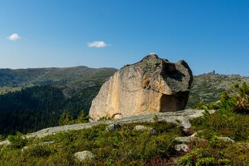 Mountain landscape. A huge boulder against the backdrop of mountains overgrown with forest. Ergaki Nature Park © Province_photo