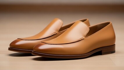 Fototapeta premium Luxurious tan leather loafers with sophisticated design details for men's fashion and comfort.