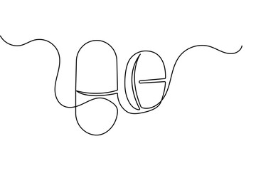 Obraz premium Minimalist capsule pill outline in continuous one line drawing style isolated on white background