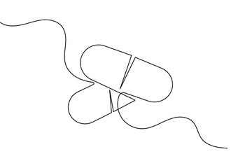 Fototapeta premium Capsule tablets and pills icon created with a single continuous line for minimalist medical branding