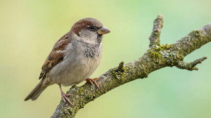 Old World Sparrow Perched on a Mossy Tree Branch