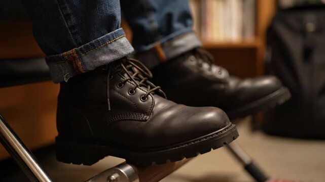 Close up of a man wearing dark leather boots and cuffed selvedge denim jeans. Male feet resting on a footrest in a casual indoor setting. Men's fashion and rugged workwear style concept