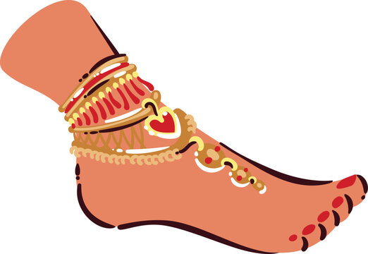 Indian anklet foot icon. Female foot with jewelry, golden bangles, payal chains, heart charm, red nail detail, cultural ornament. Anklet travel symbol, cartoon doodle vector illustration.