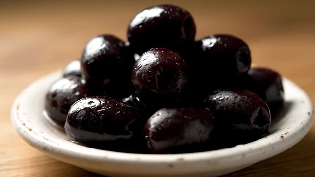 Close-up of glossy whole black olives piled high in a rustic ceramic dish on a wooden background, perfect for Mediterranean cuisine, appetizers, and healthy eating concepts.
