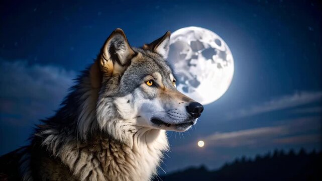 Wolf profile against a large full moon and starry night sky
