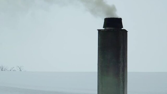 Home heating using wood and coal producing smoke from chimney into cold sky. Air pollution increasing harmful emissions affecting atmosphere and climate. Environmental problem continuing with fossil