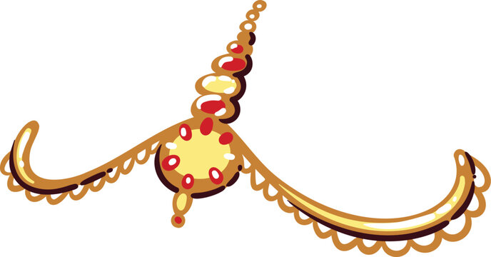Indian nose ring icon. Golden nath jewelry with chain, round pendant, red accents, curved shapes, traditional ornament detail. Nose ring travel symbol, cartoon doodle vector illustration.