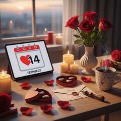 February 14 Valentine's Day Calendar, red rose on a table