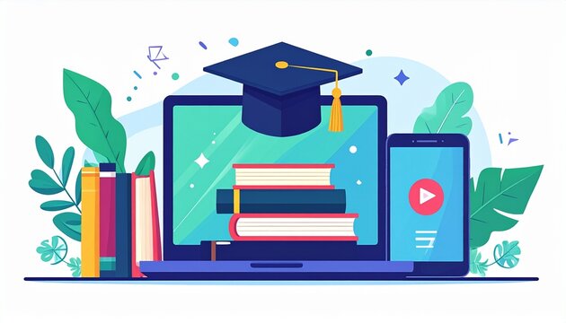 オンライン学習と教育のイメージのフラットベクターイラスト