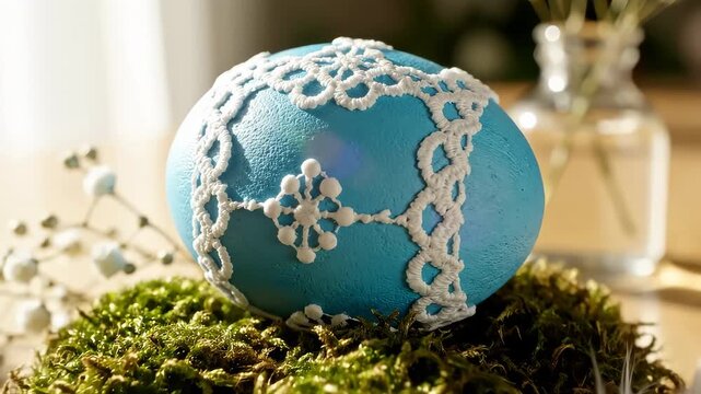 Decorative blue egg sits on moss with lace design. Natural light highlights texture and colors. Setting includes simple wooden table with small vase nearby