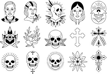 Vintage Flash Tattoo Icon Set &ndash; Skulls, Faces, Flowers & Symbols