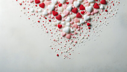A pink backdrop with floating red hearts and gift boxes, featuring a central red gift box with a ribbon for valentines day