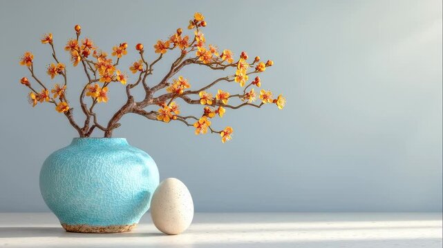 Branches with orange flowers in blue vase placed next to white egg. Bright light highlights details. Concept of home decor, floral design, interior design