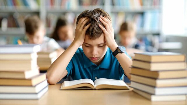 Young student struggling with schoolwork and books in a library setting