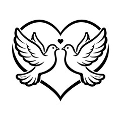 Obraz premium Two Doves with Heart Black Line Art Illustration for Love Symbol, Peace Concept, Wedding Design and Romantic Decorative Graphics
