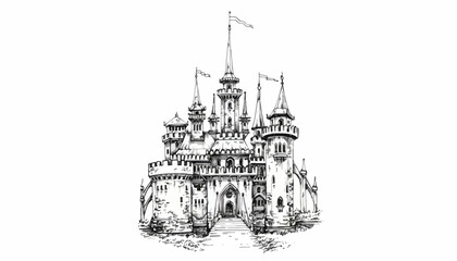 A majestic medieval castle stands tall with towers in a serene landscape © jason