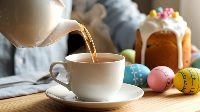 Teapot pours hot tea into white cup on wooden table. Bright setting includes colorful Easter eggs and gingerbread cookies. Concept of food service, cafes, holiday gatherings