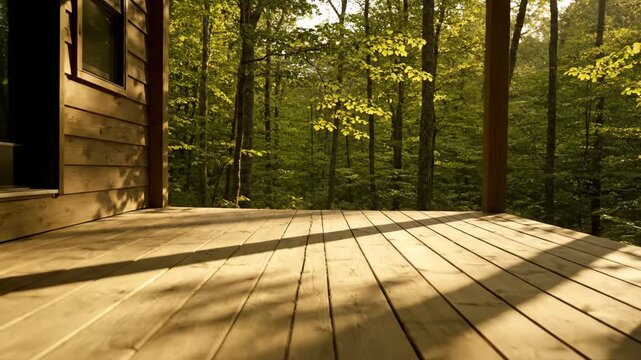 Wooden deck of a rustic cabin in the woods with warm sunlight filtering through the trees. Serene and peaceful concept for a nature getaway, relaxation or eco-friendly living