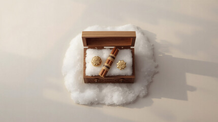 Ornamental Gold Jewelry And A Banded Scroll Nestled In A Wooden Box Resting On A Bed Of Snow